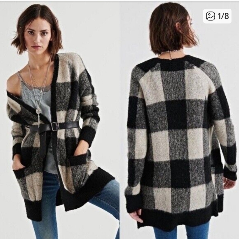 Lucky Brand Black Ivory Buffalo Plaid Open Front Cardigan